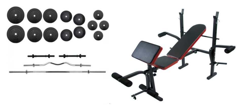 100 кг блинов + 4 грифа + скамья для жима складная RN-Sport, RNS_ES055_100