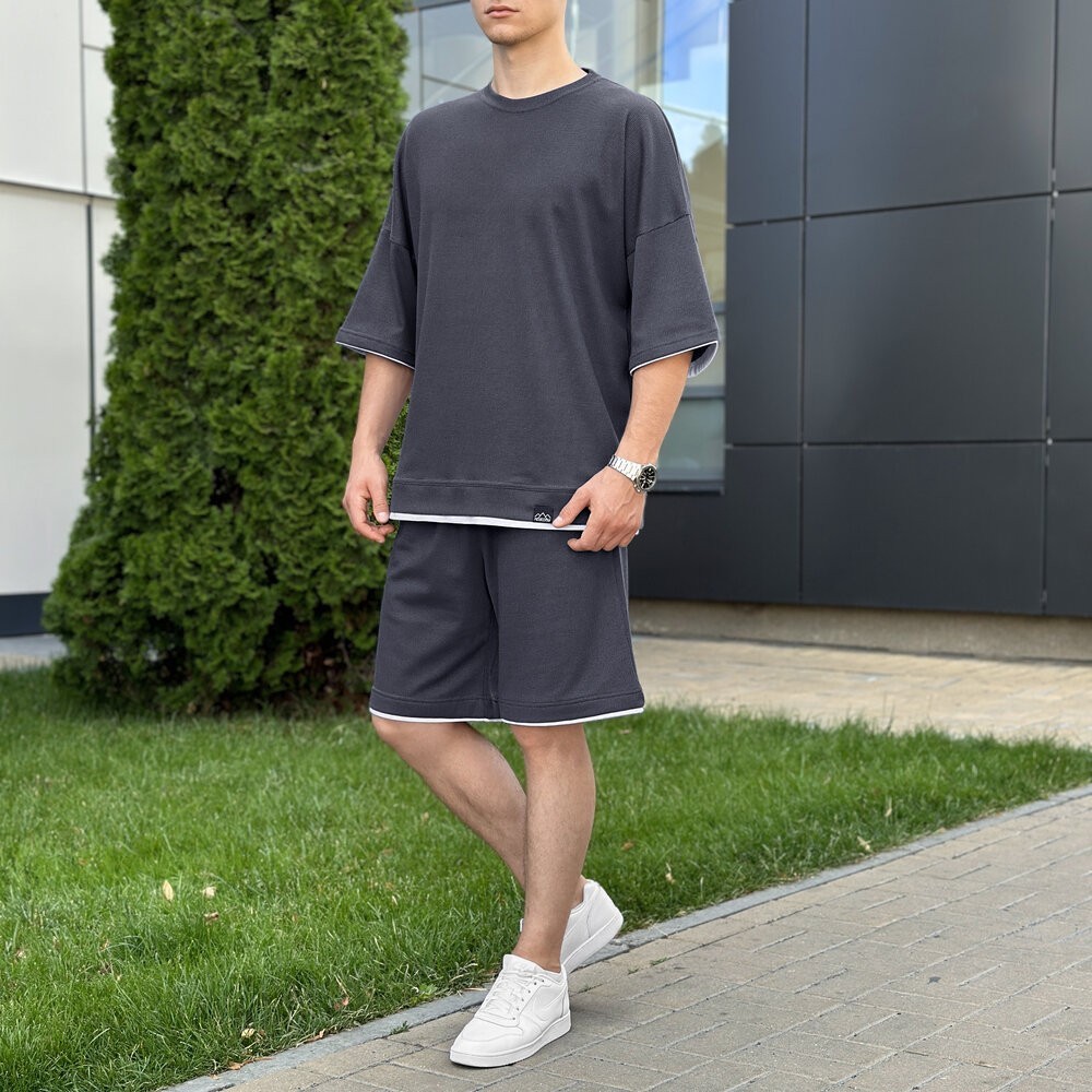 Чоловічий літній комплект шорти і футболка антрацит вільного крою Pobedov Jack, POB_00000008856