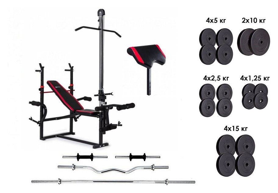 Лава для жима с тягой, штанга, 4 грифа и 115 кг дисков., RNS_ES1070_115