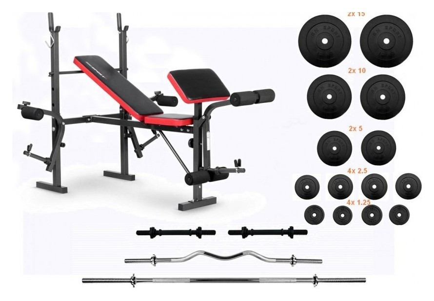 Скамейка для жима EverTop + Штанга 83 кг, гриф W, гантели, RNS_EV307