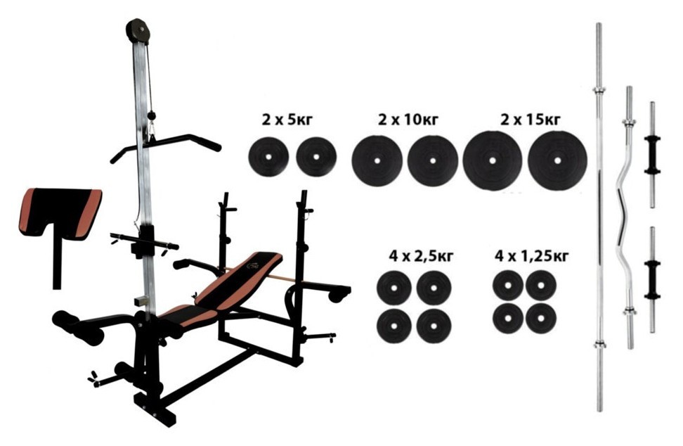 Скамейка с верхней тягой + 4 грифа + 75 кг дисков с покрытием ABS, RNS_Rn-000172
