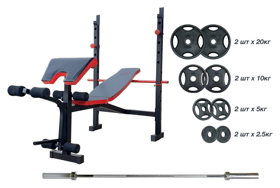 Скамейка для жима универсальная ReadMeBlack + олимпийская штанга 88 кг с металлическими дисками RN-Sport, RNS_RMB-olimp65m