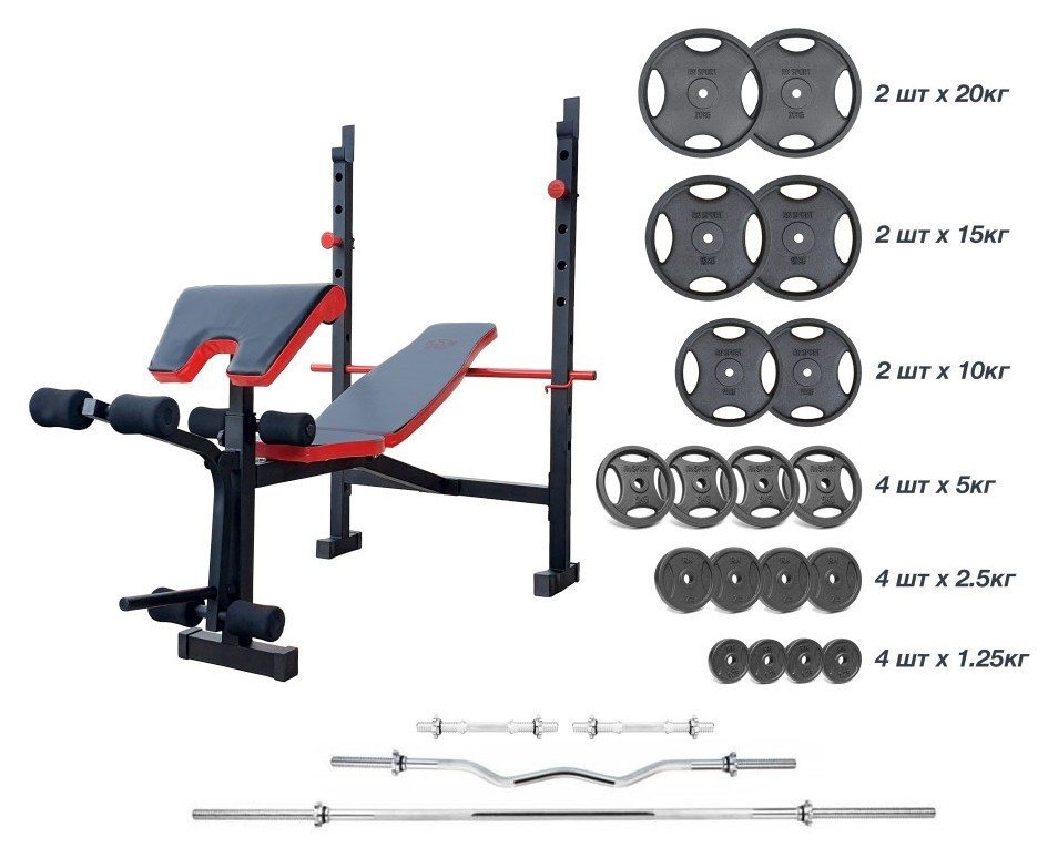 Скамья с приставкой Скотта ReadMeBlack + 125 кг дисков + 4 грифа RN-Sport, RNS_RMB-125m