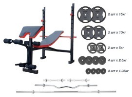 Скамейка для жима ReadMeBlack + Штанга металлическая 83 кг, гриф W, гантели RN-Sport