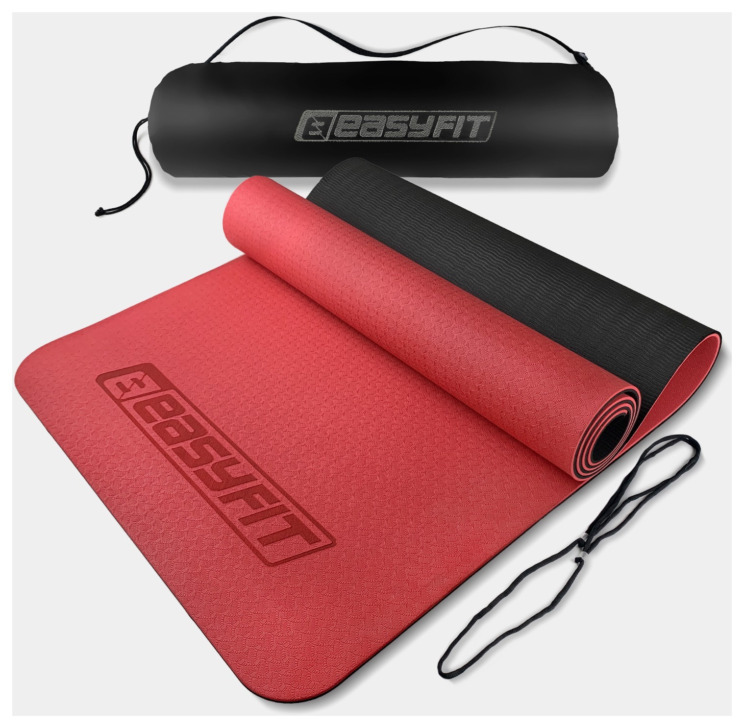 Килимок для йоги та фітнеса EasyFit TPE+TC 6мм двошаровий + Чохол червоний з чорним, EFIT_EF-1924s-RB