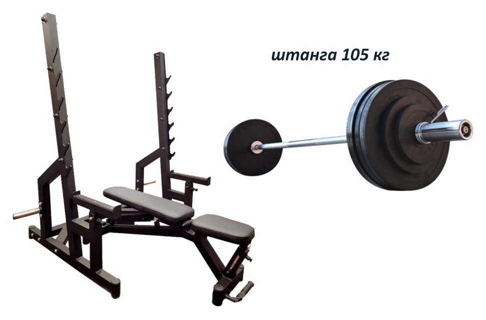 Скамейка Black Rock + Стойки Black Rock + Штанга резиновая RN-Sport 105 кг с олимпийским грифом, RNS_Ob105BSS