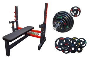 Комплект RN High Quality лава для жиму + штанга професійна гумова 100 кг