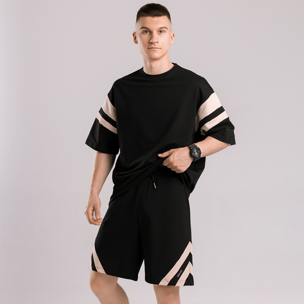 Чоловічий літній комплект шорти і футболка чорний вільного крою Pobedov Flow, POB_00000008846